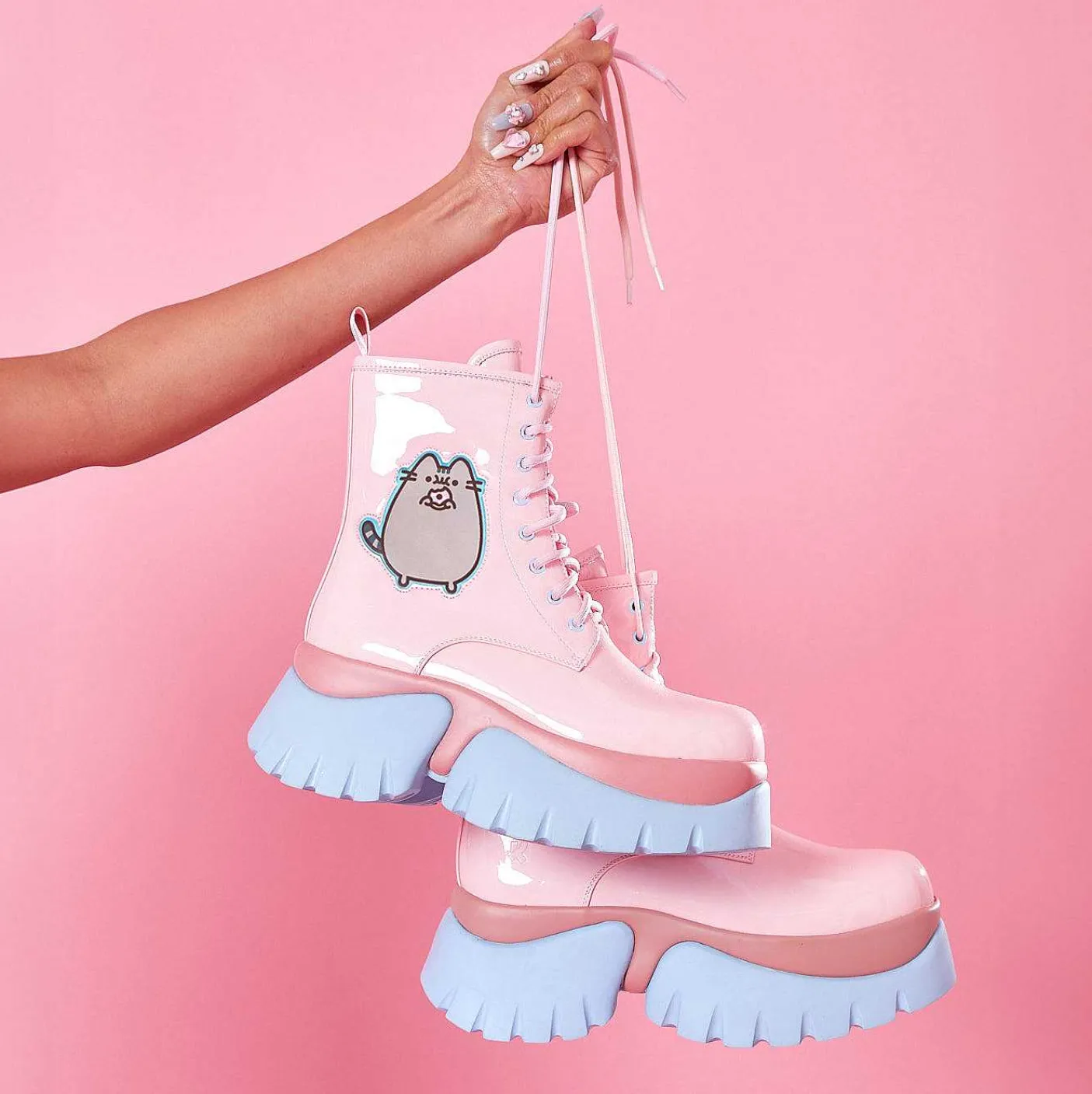 Damskie KOI footwear Grube Buty^Pastelowe Lakierowane Buty Pusheen Donuts